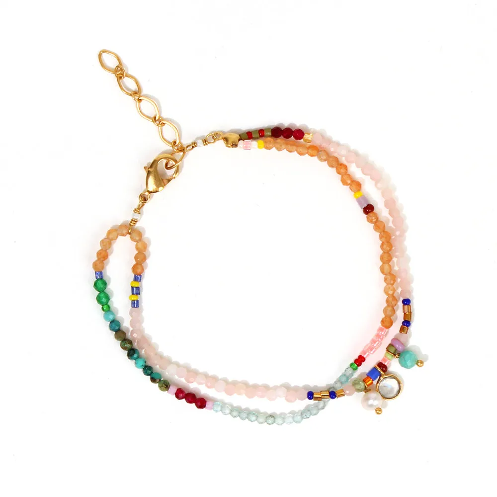 Double Row Semi-Precious Stone   Glass Bead Bracelet