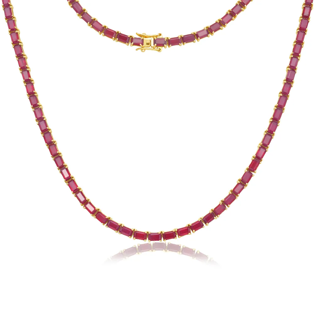 East West Ruby Emerald Cut Tennis Necklace (33.00 ct.) 4-Prongs Setting in 14K Gold