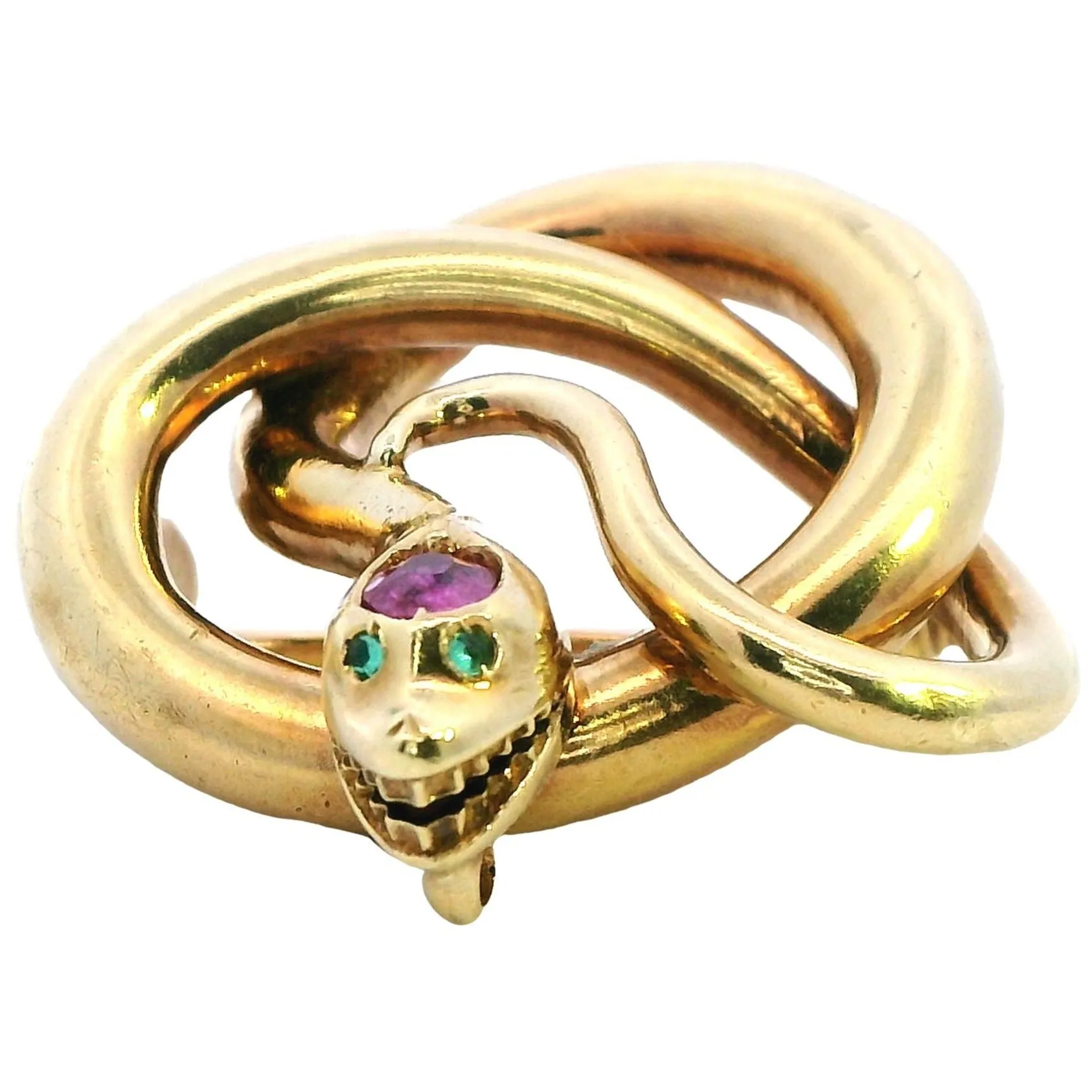 Exquisite 18ct Yellow Gold Snake Brooch with Emerald Eyes and Pink Sapphire