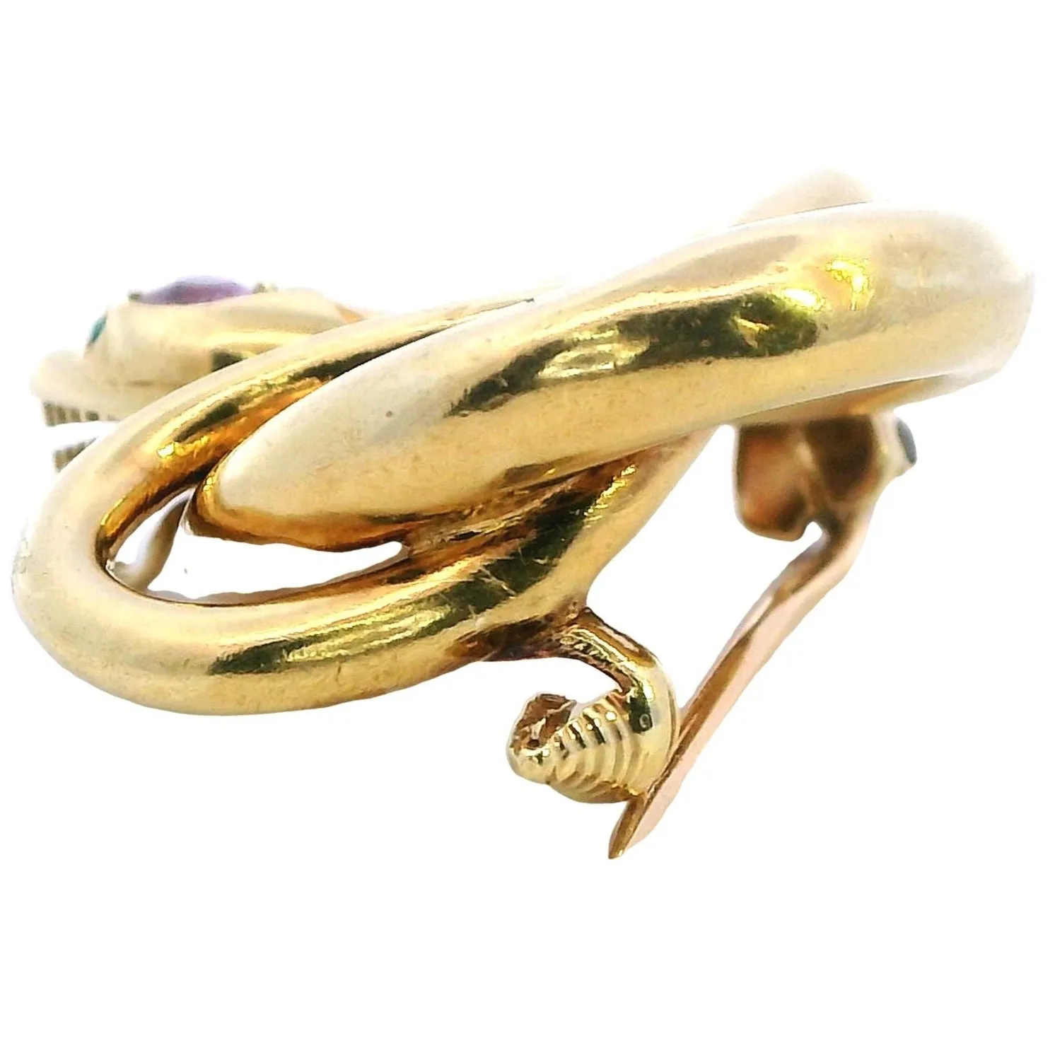 Exquisite 18ct Yellow Gold Snake Brooch with Emerald Eyes and Pink Sapphire