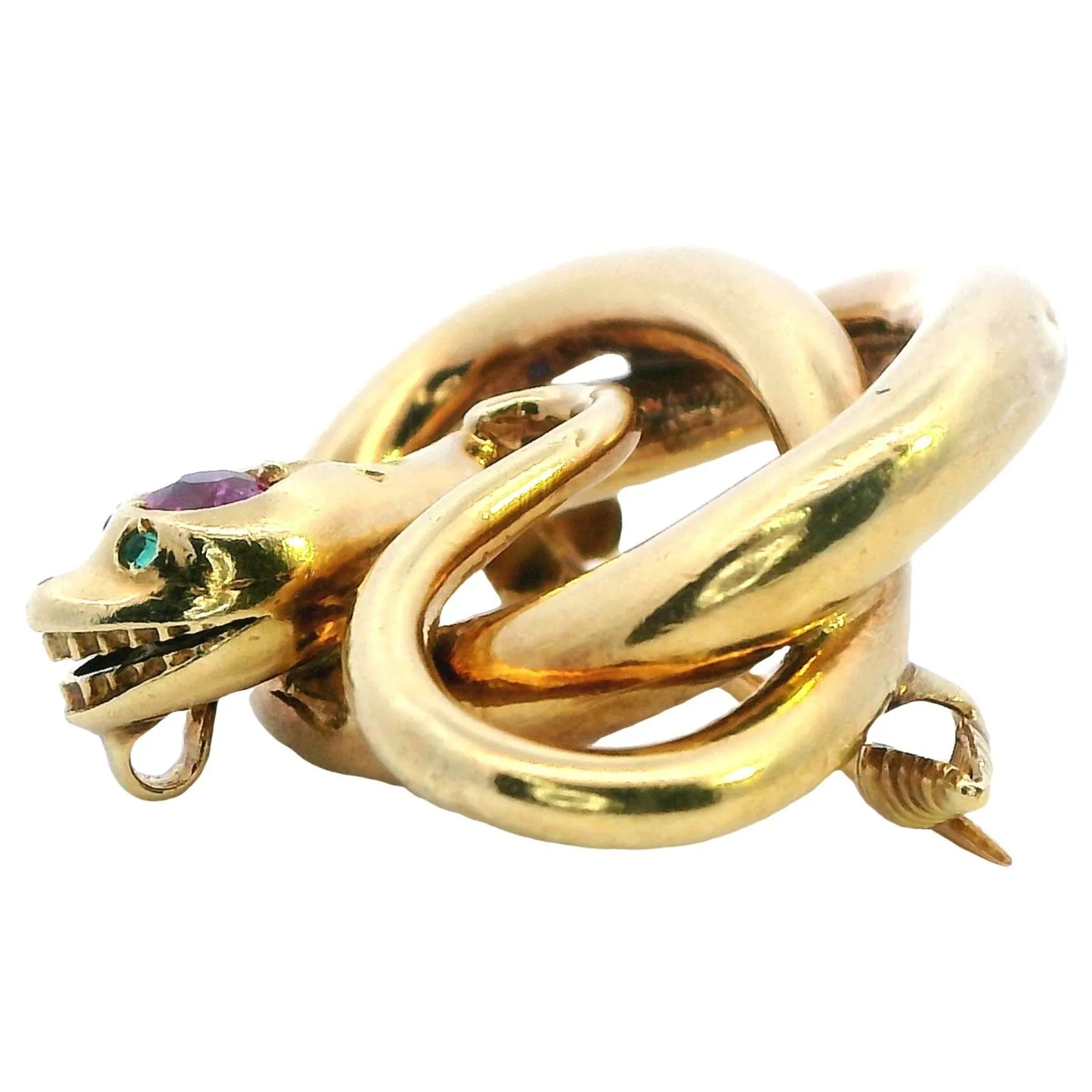 Exquisite 18ct Yellow Gold Snake Brooch with Emerald Eyes and Pink Sapphire