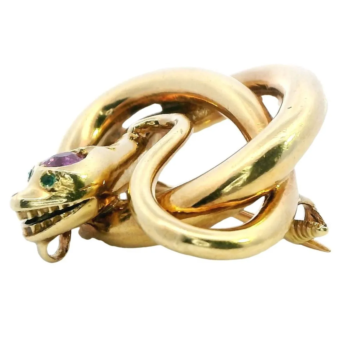 Exquisite 18ct Yellow Gold Snake Brooch with Emerald Eyes and Pink Sapphire