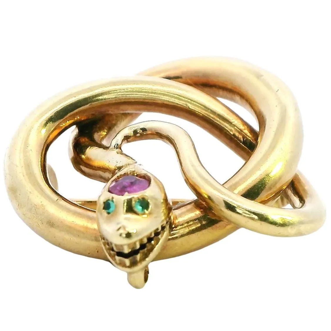 Exquisite 18ct Yellow Gold Snake Brooch with Emerald Eyes and Pink Sapphire