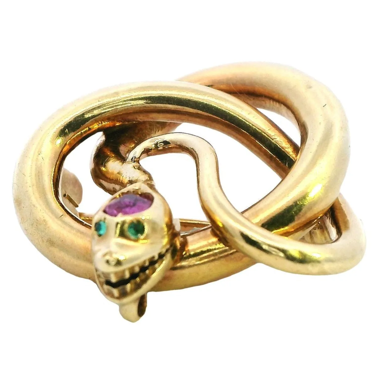 Exquisite 18ct Yellow Gold Snake Brooch with Emerald Eyes and Pink Sapphire