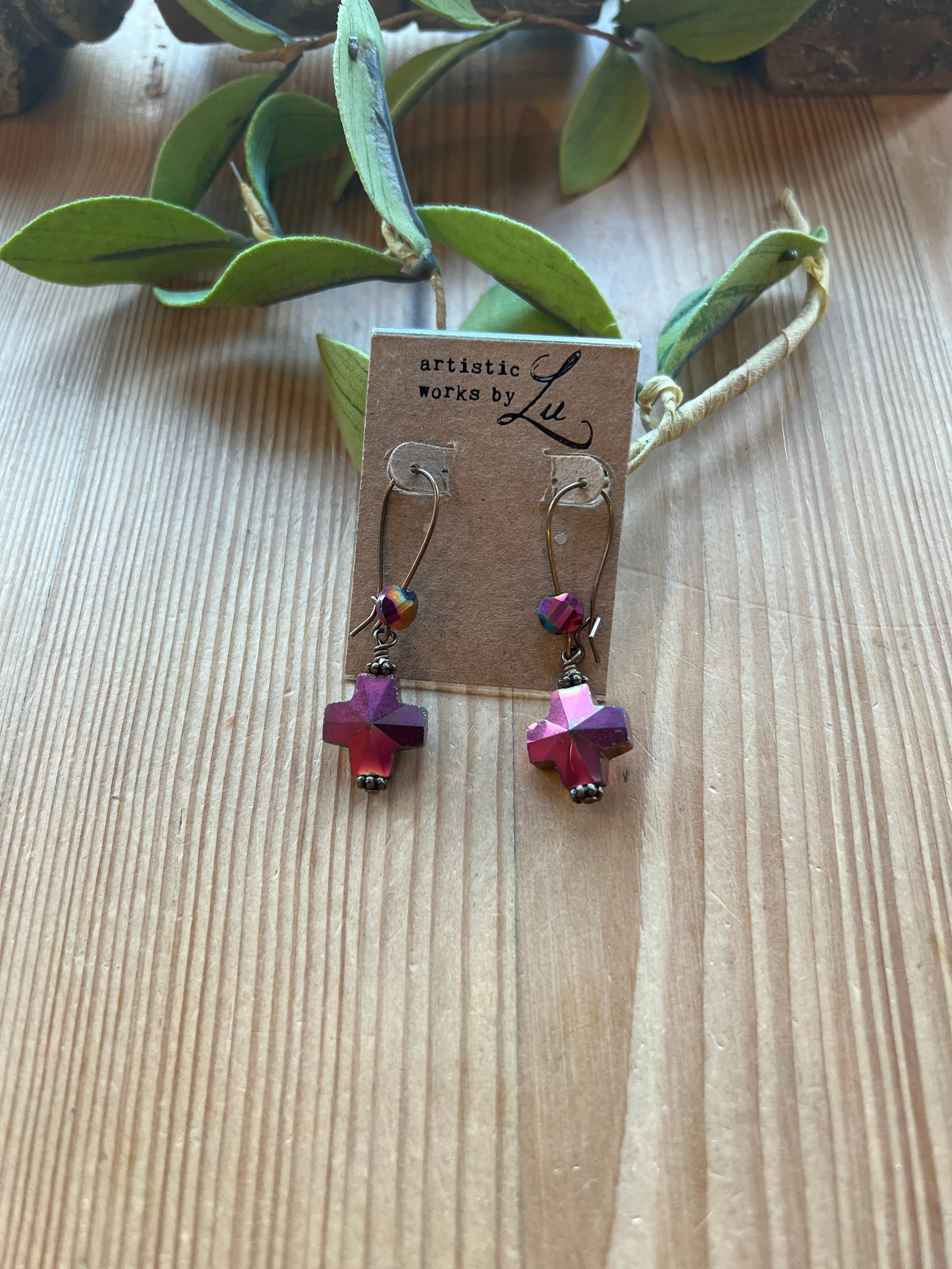 Fuchsia Crystal Cross Earrings