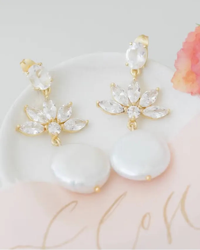 Gold Pearl and Crystal Statement Earrings