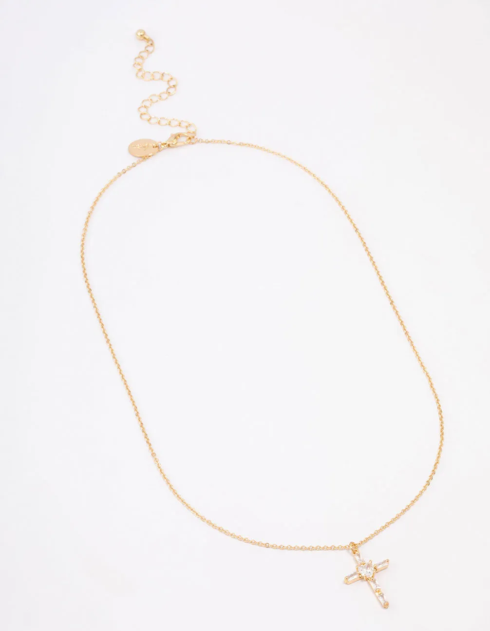 Gold Plated Cubic Zirconia Baguette Cross Short Necklace