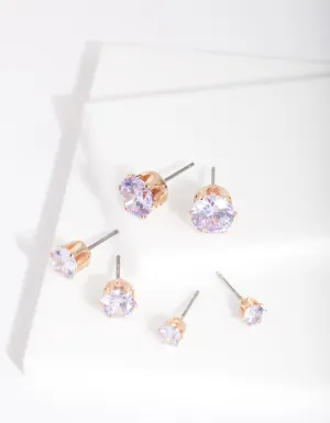 Gold Purple Cubic Zirconia Graduating Stud Earring Pack