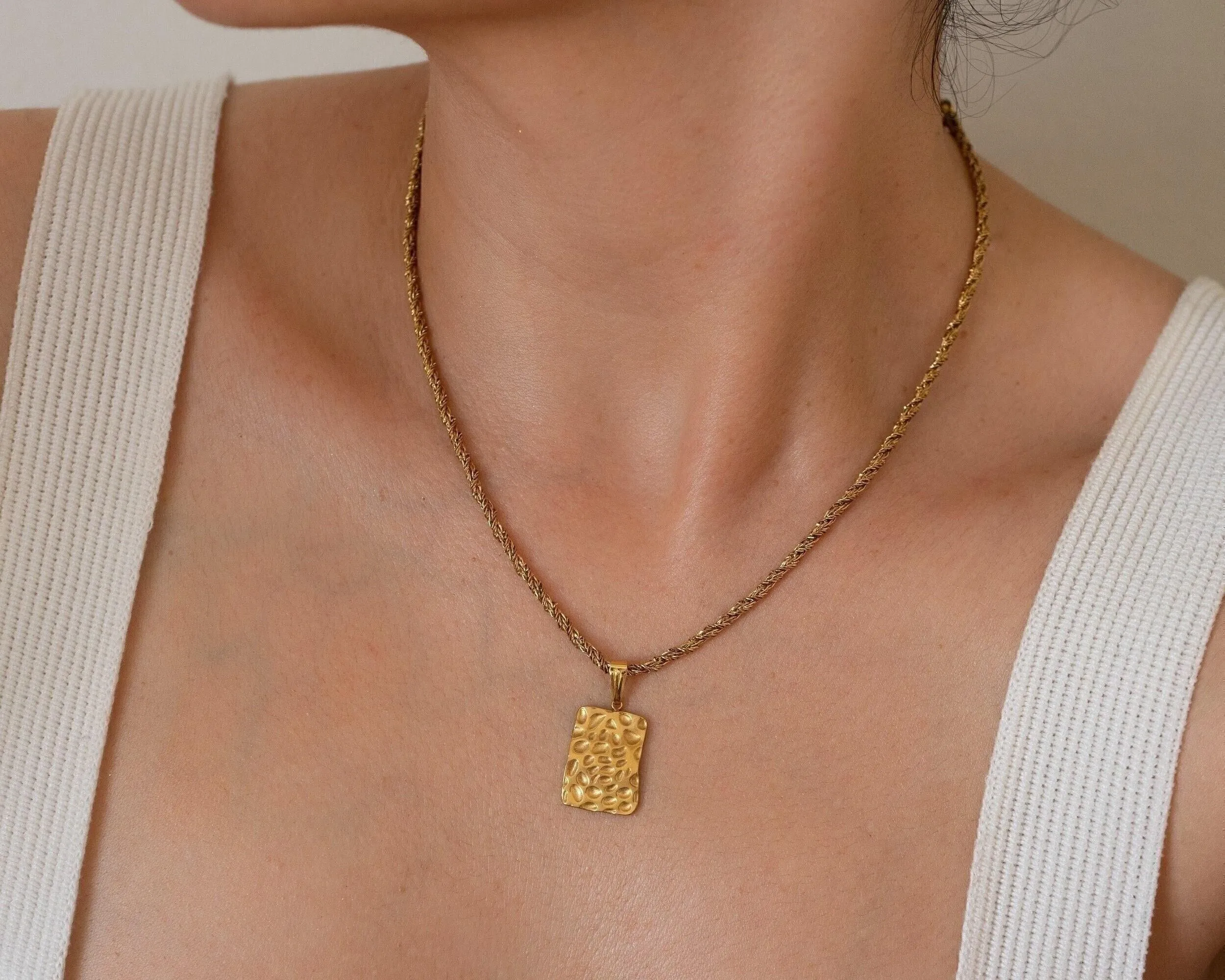 Gold Rectangle Hammered Pendant Necklace