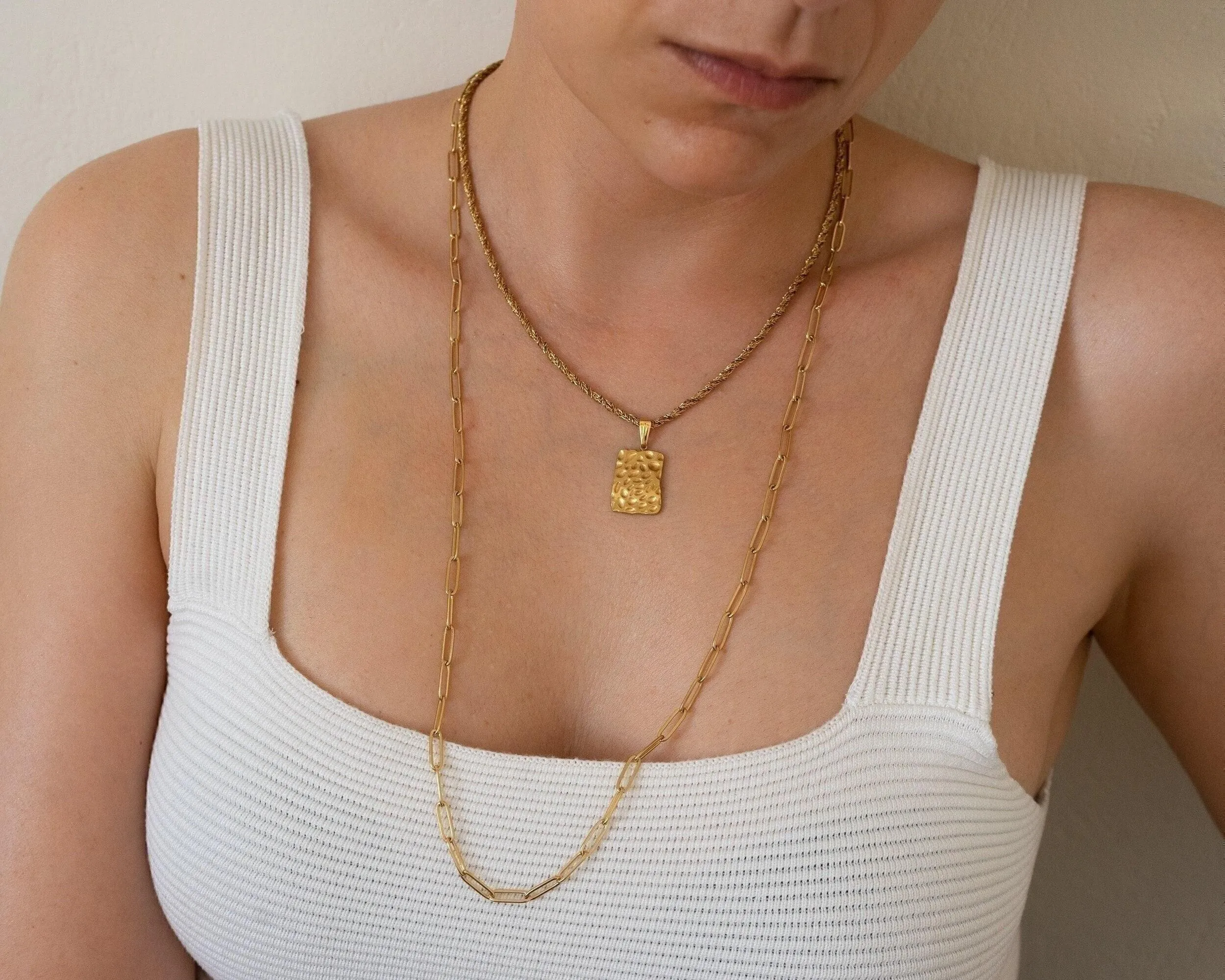 Gold Rectangle Hammered Pendant Necklace