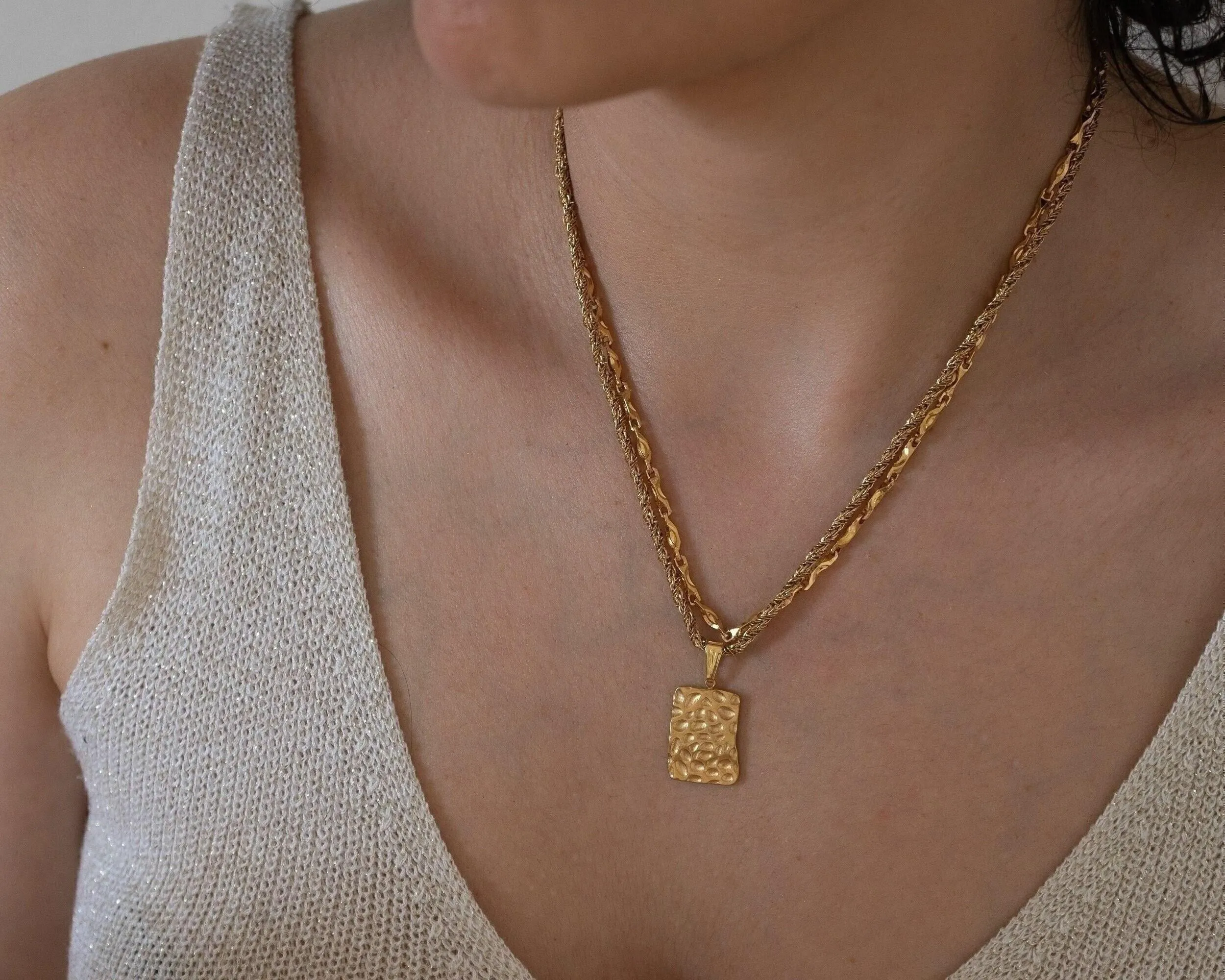 Gold Rectangle Hammered Pendant Necklace