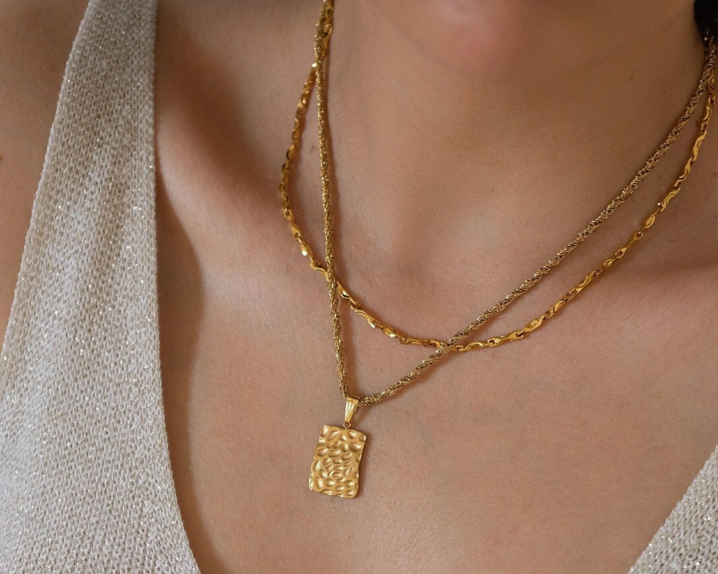 Gold Rectangle Hammered Pendant Necklace