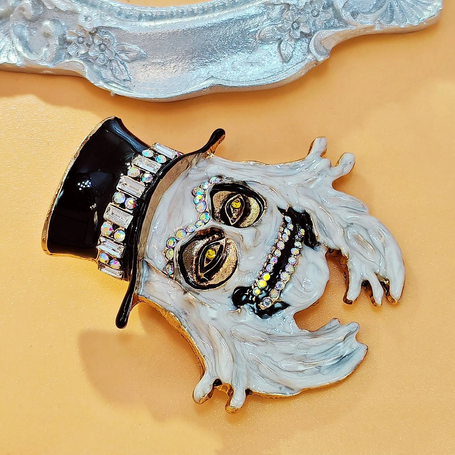 Gothic White Enamel Grim Grinning Ghost Brooch with Hat Scary Jewelry