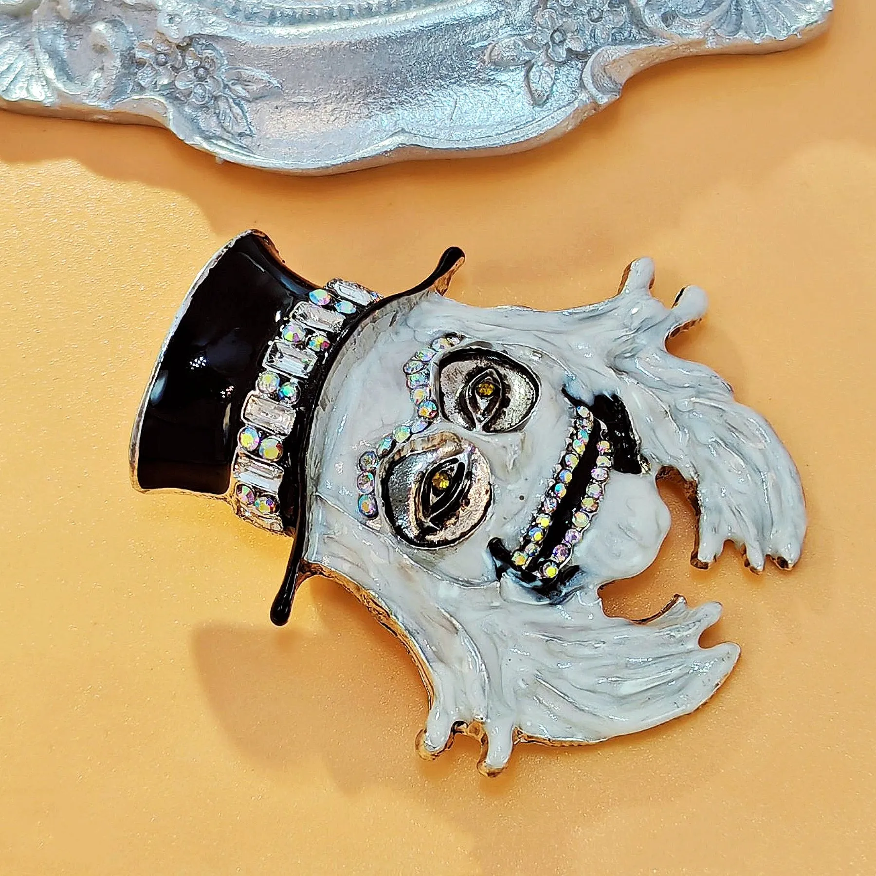 Gothic White Enamel Grim Grinning Ghost Brooch with Hat Scary Jewelry