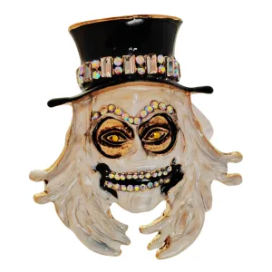 Gothic White Enamel Grim Grinning Ghost Brooch with Hat Scary Jewelry