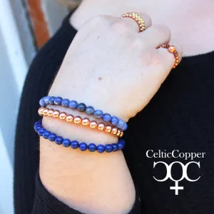 Lapis Lazuli Copper Bracelet Set Round Beaded Elastic Midnight Blue Copper Bracelets 3 Piece Set