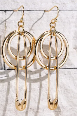 Layered Rings And Safety Pin Motif Dangle Earrings