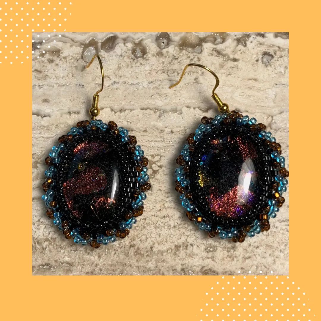 Light Blue, Brown and Black Beaded Dichroic Glass Earrings