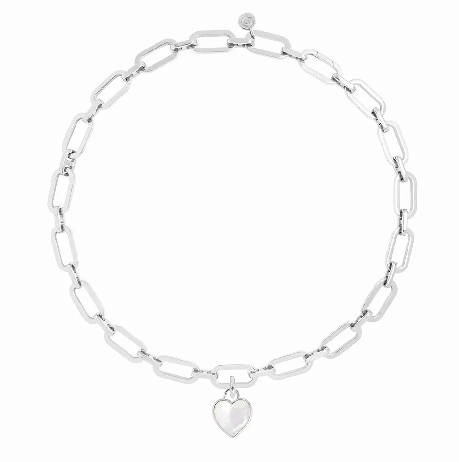 Link Chain Necklace and Mother of Pearl Heart Charm Silver Set