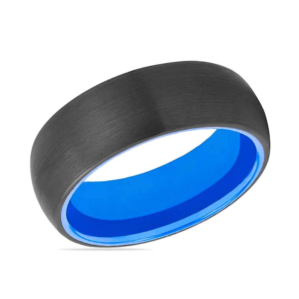 LOTUS | Blue Ring, Black Tungsten Ring, Brushed, Domed