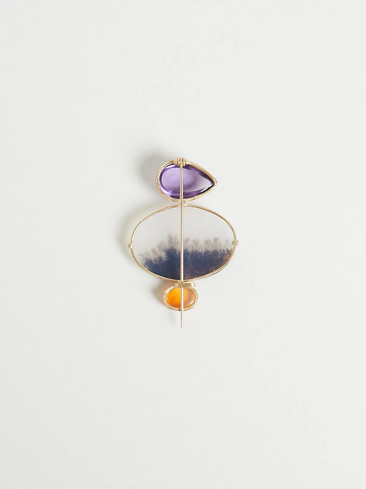 Lovely Dendritic Agate Pin With 12.84ct Amethyst Above, 1.94ct Fire Opal Below, Set In 18k Yellow Gold