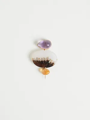 Lovely Dendritic Agate Pin With 12.84ct Amethyst Above, 1.94ct Fire Opal Below, Set In 18k Yellow Gold