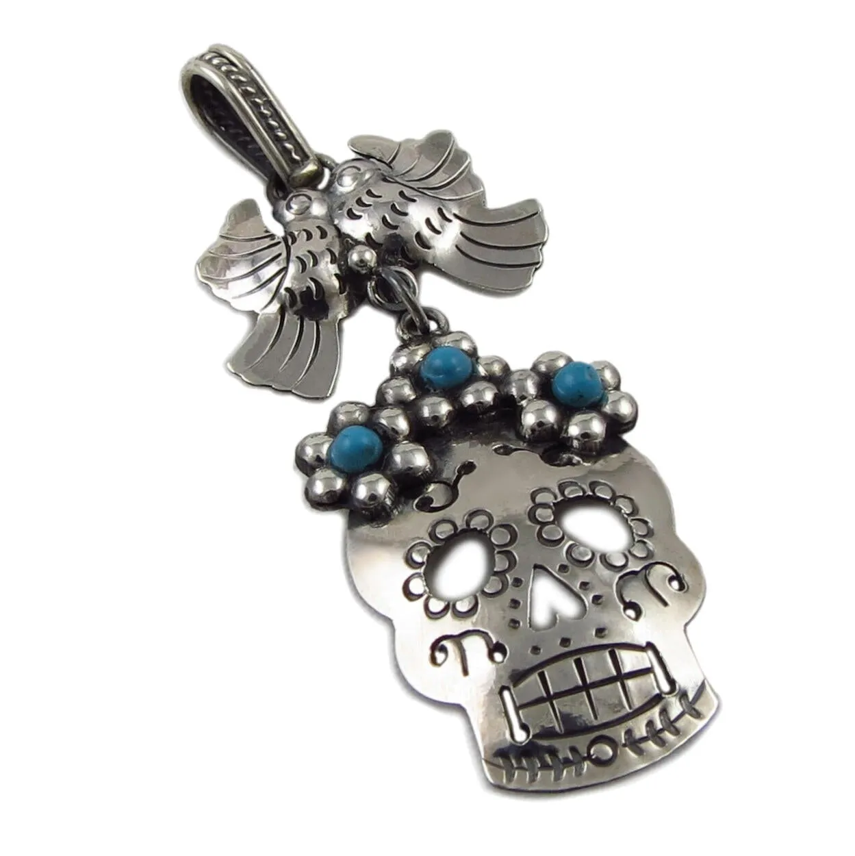 Mexican Day of the Dead Sugar Skull 925 Silver Pendant Necklace