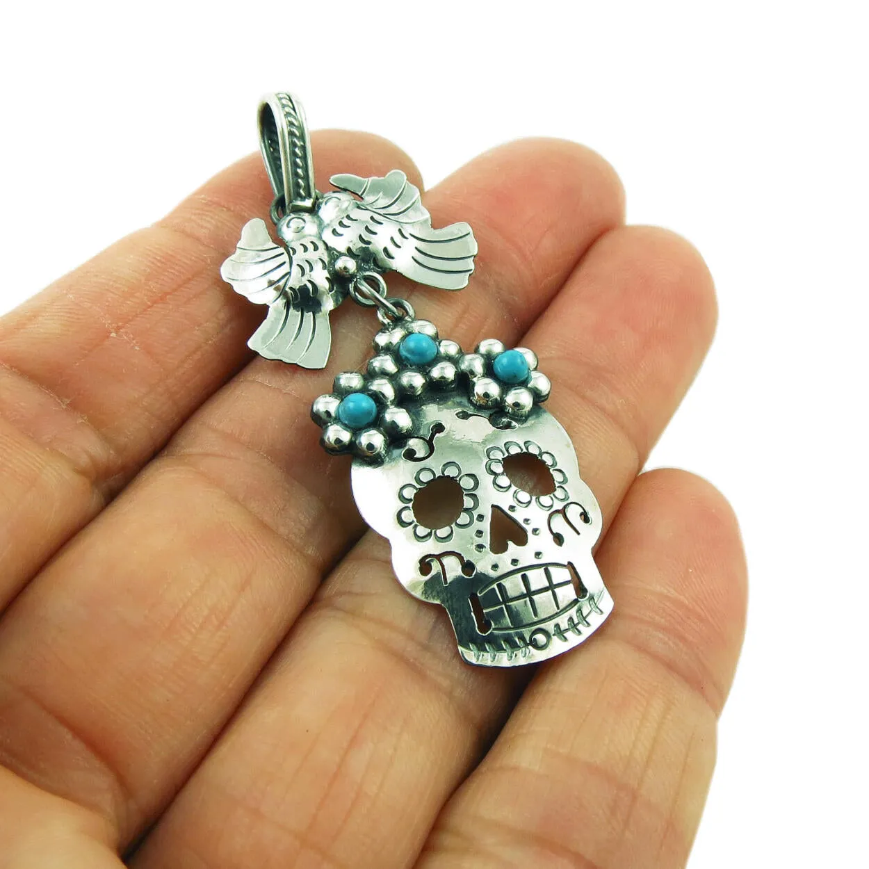 Mexican Day of the Dead Sugar Skull 925 Silver Pendant Necklace