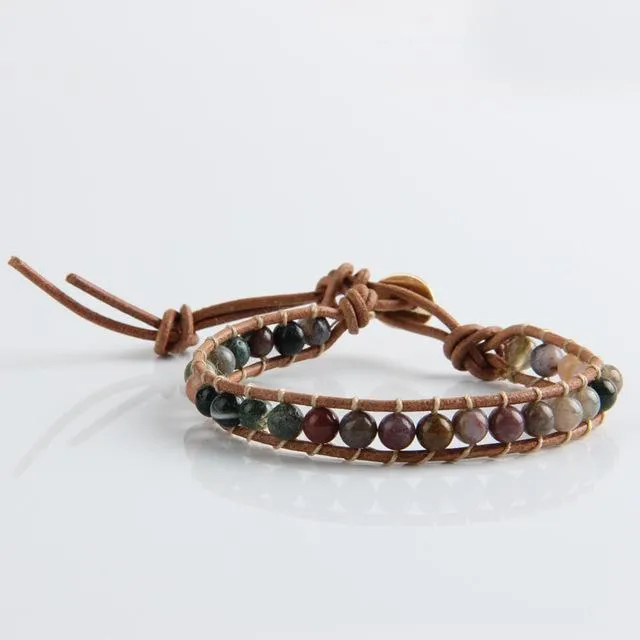 Natural Stone Beads Leather Cord Wrap Bracelet