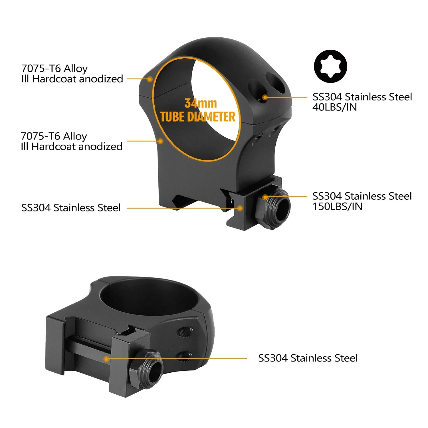 ohhunt® Pro 7075 Aluminum 34mm Scope Rings for Picatinny Rail - High Med Low Profile