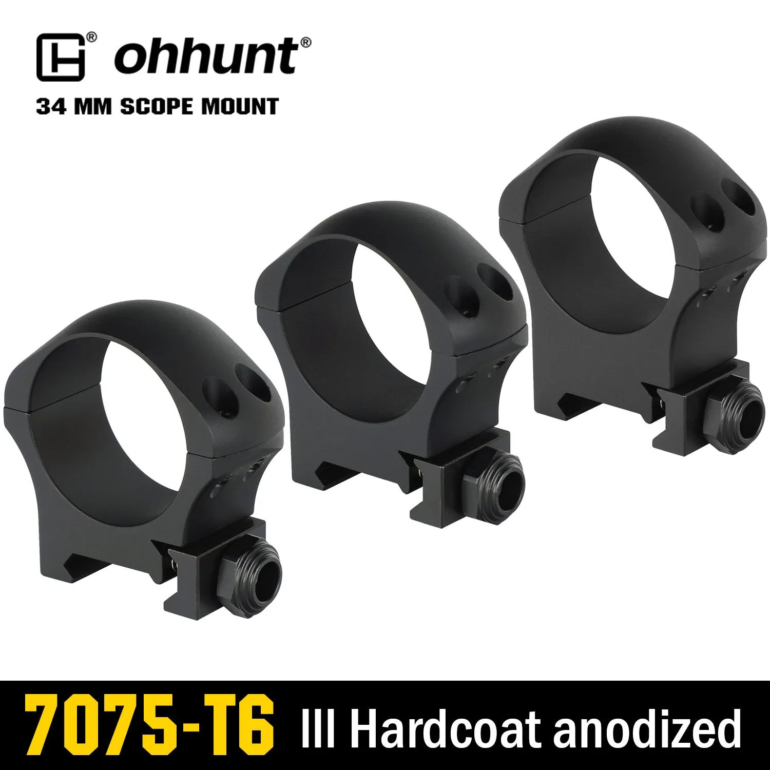 ohhunt® Pro 7075 Aluminum 34mm Scope Rings for Picatinny Rail - High Med Low Profile