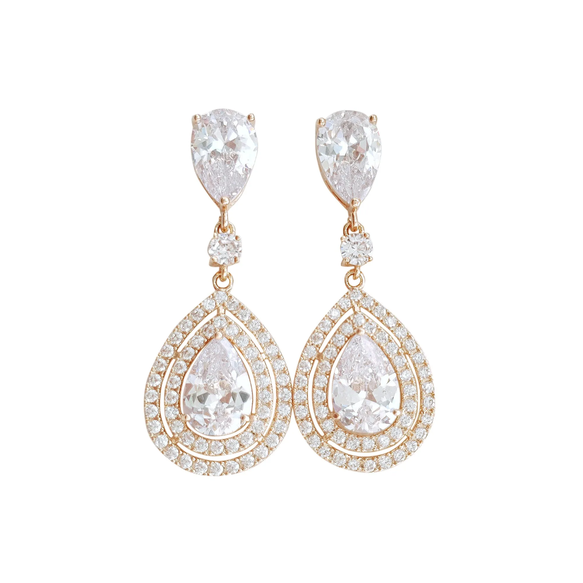 Pear Shaped Cubic Zirconia Drop Earrings for Brides- Joni