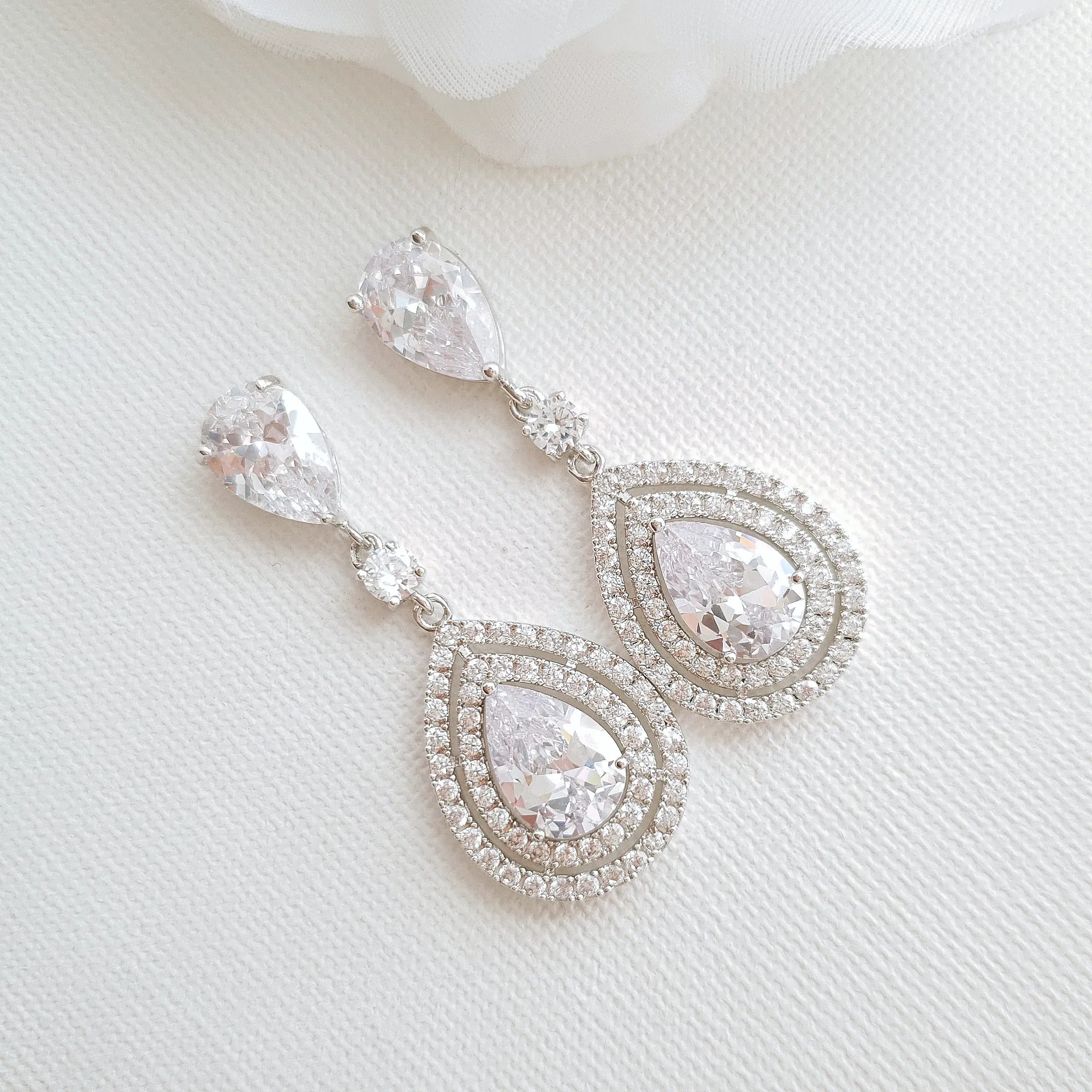 Pear Shaped Cubic Zirconia Drop Earrings for Brides- Joni