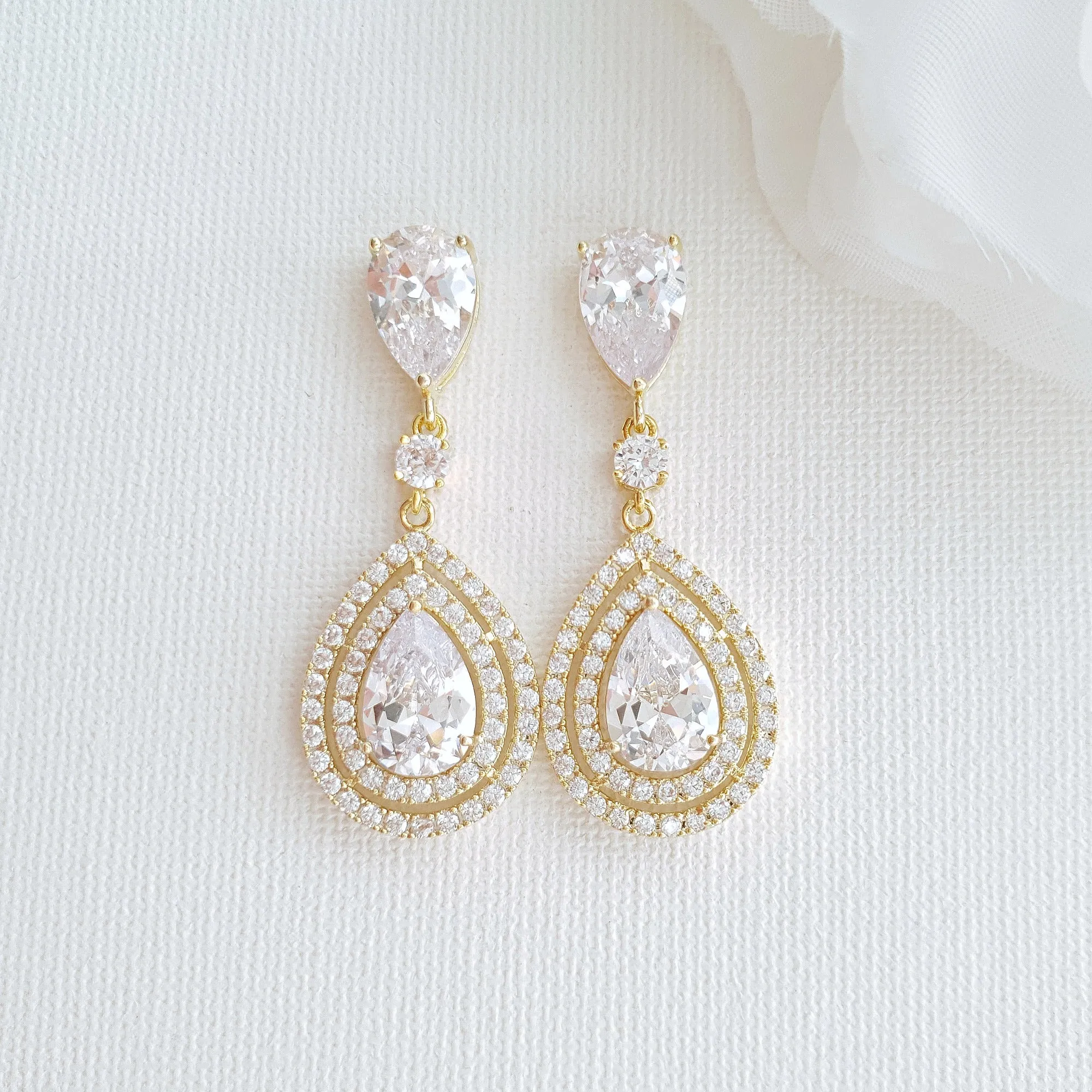 Pear Shaped Cubic Zirconia Drop Earrings for Brides- Joni