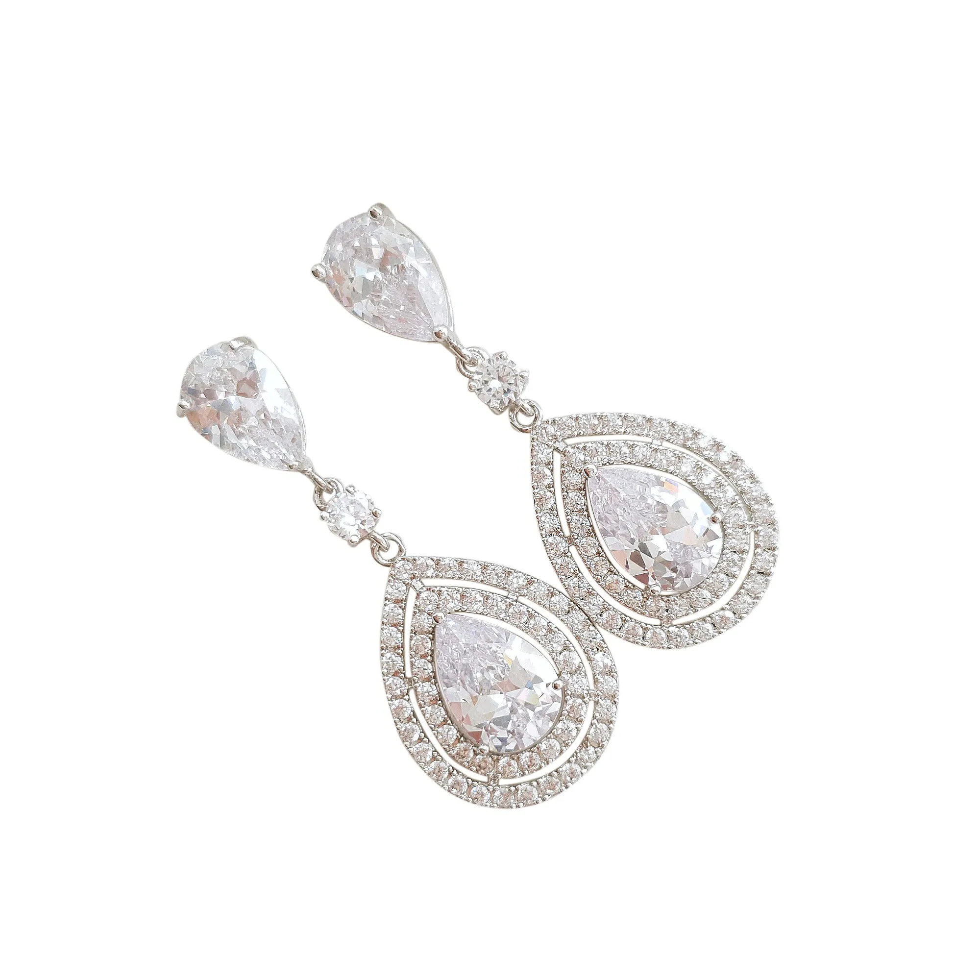 Pear Shaped Cubic Zirconia Drop Earrings for Brides- Joni