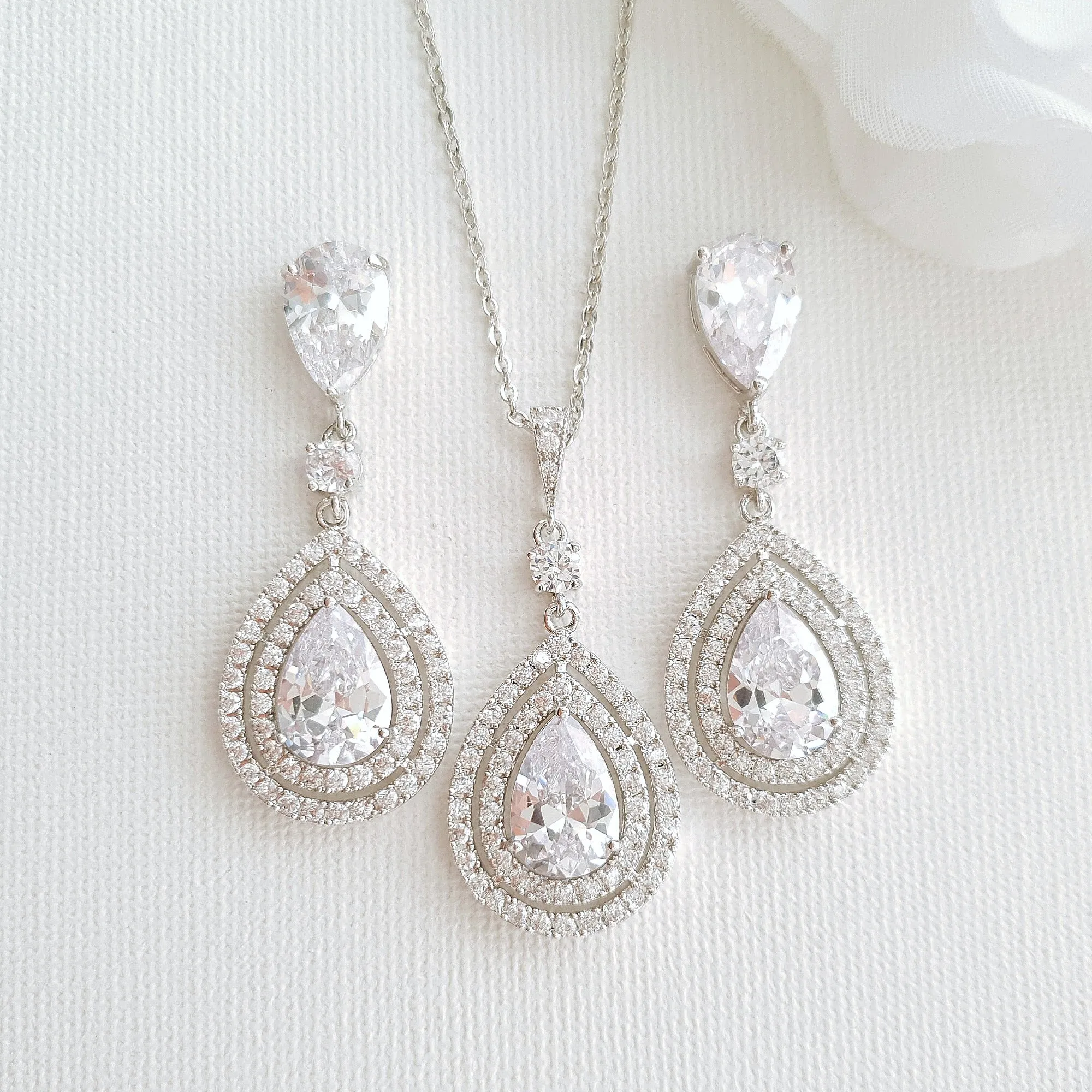 Pear Shaped Cubic Zirconia Drop Earrings for Brides- Joni