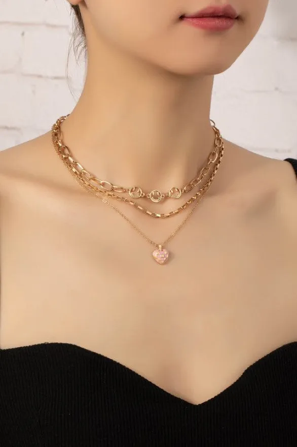 Pink Enamel & Goldtone Check Heart Pendant Trio Layering Necklace Set