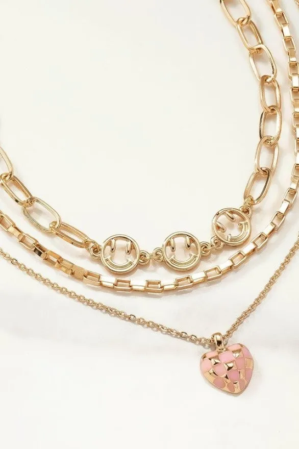 Pink Enamel & Goldtone Check Heart Pendant Trio Layering Necklace Set