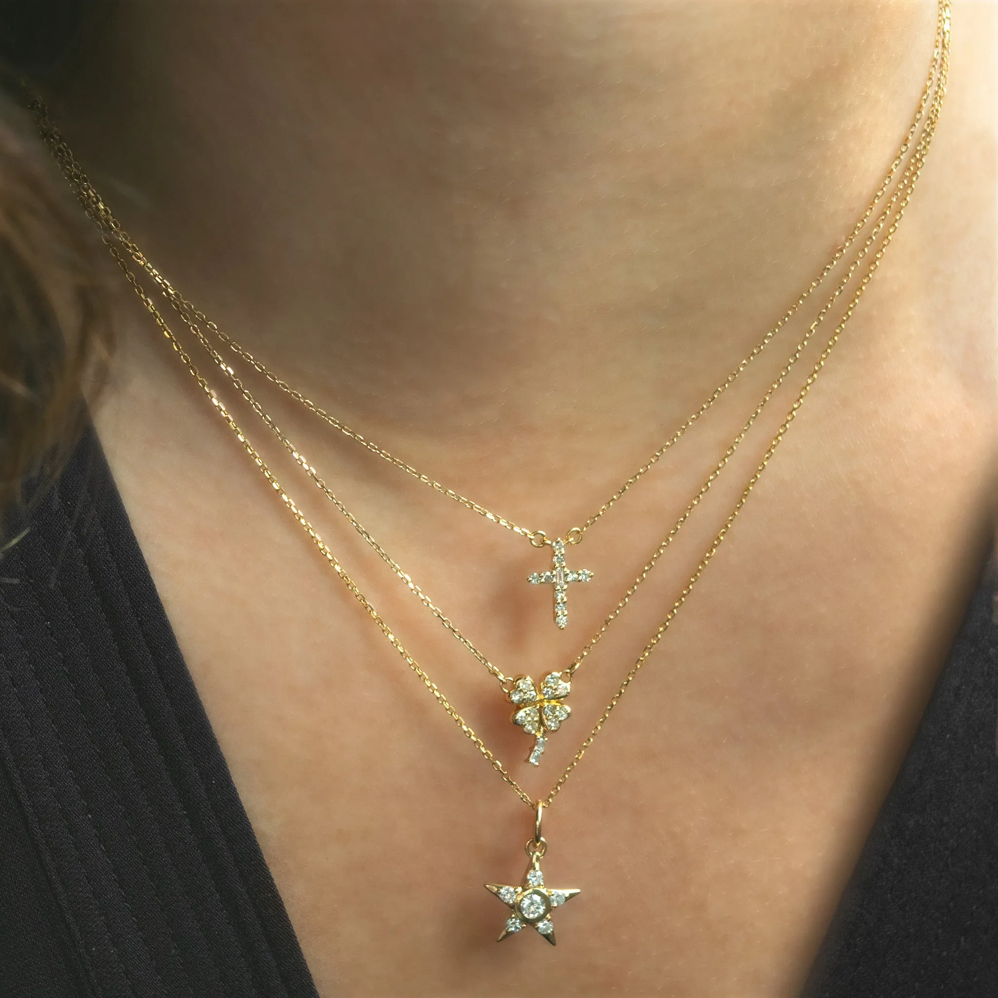 Reclaimed 18K Yellow Gold and Round and Baguette Diamond Cross Necklace