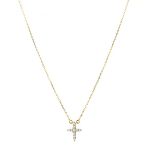 Reclaimed 18K Yellow Gold and Round and Baguette Diamond Cross Necklace