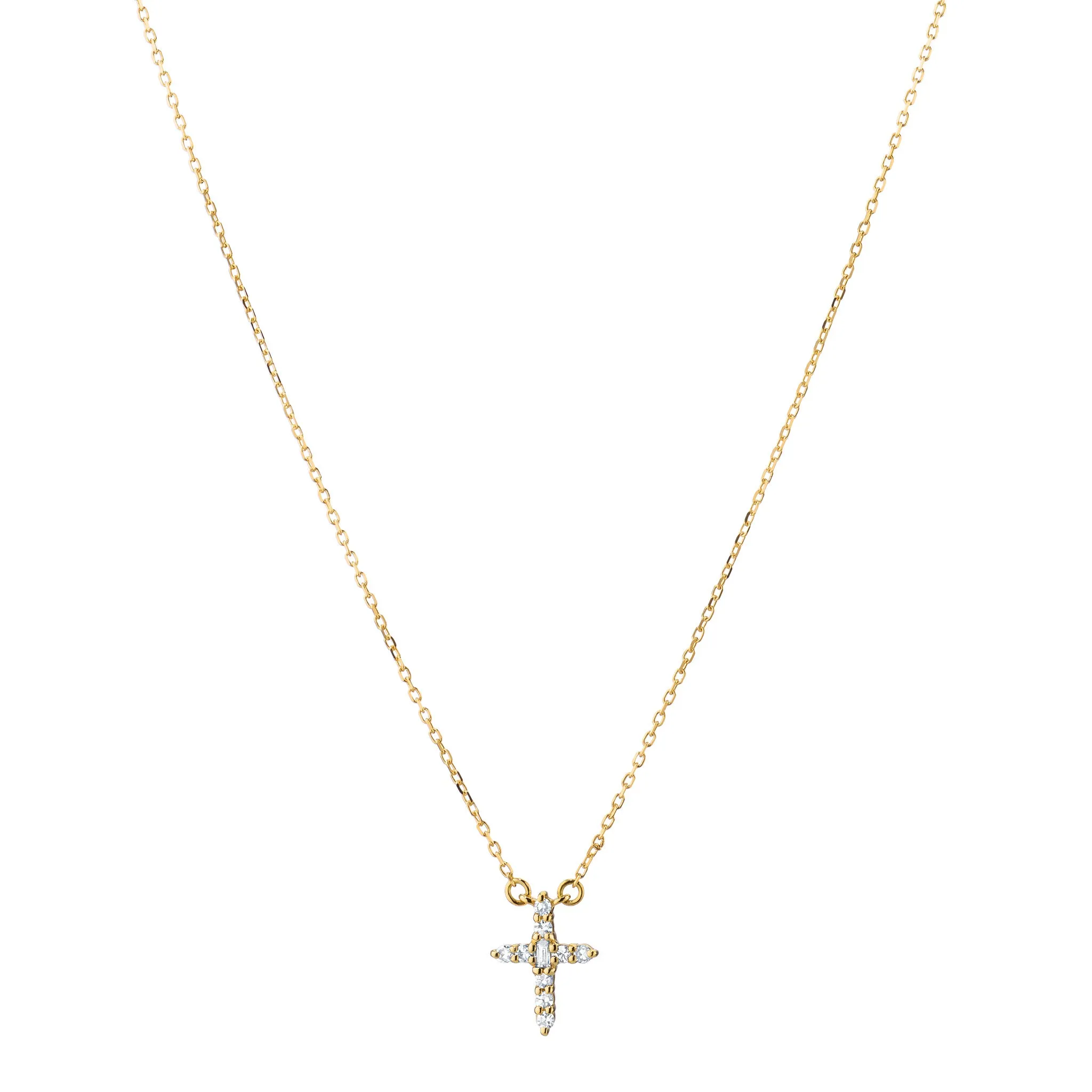 Reclaimed 18K Yellow Gold and Round and Baguette Diamond Cross Necklace