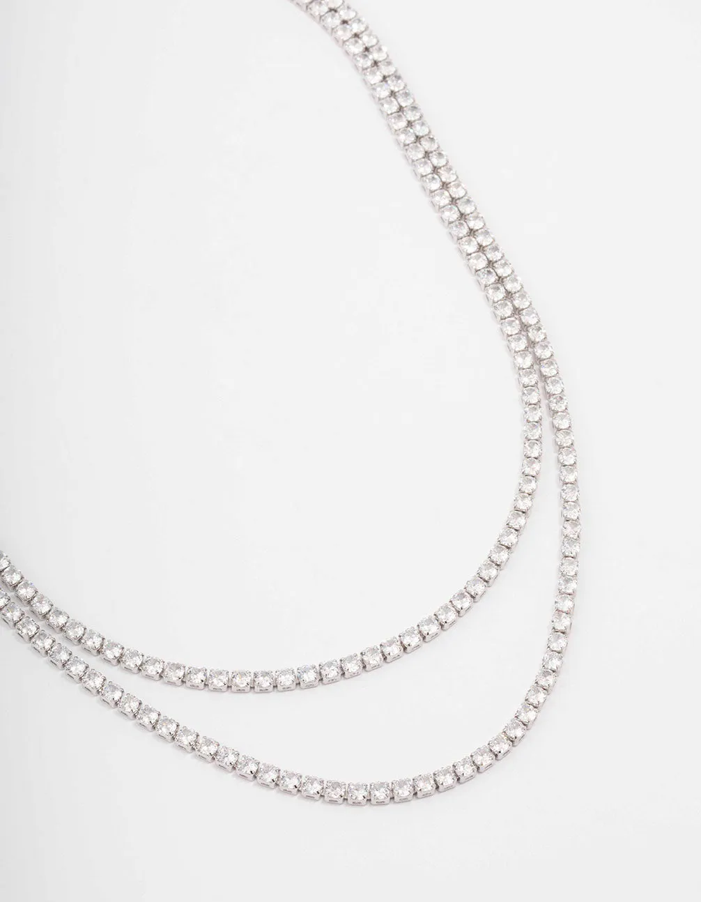 Rhodium Cubic Zirconia Round Cupchain Layered Necklace