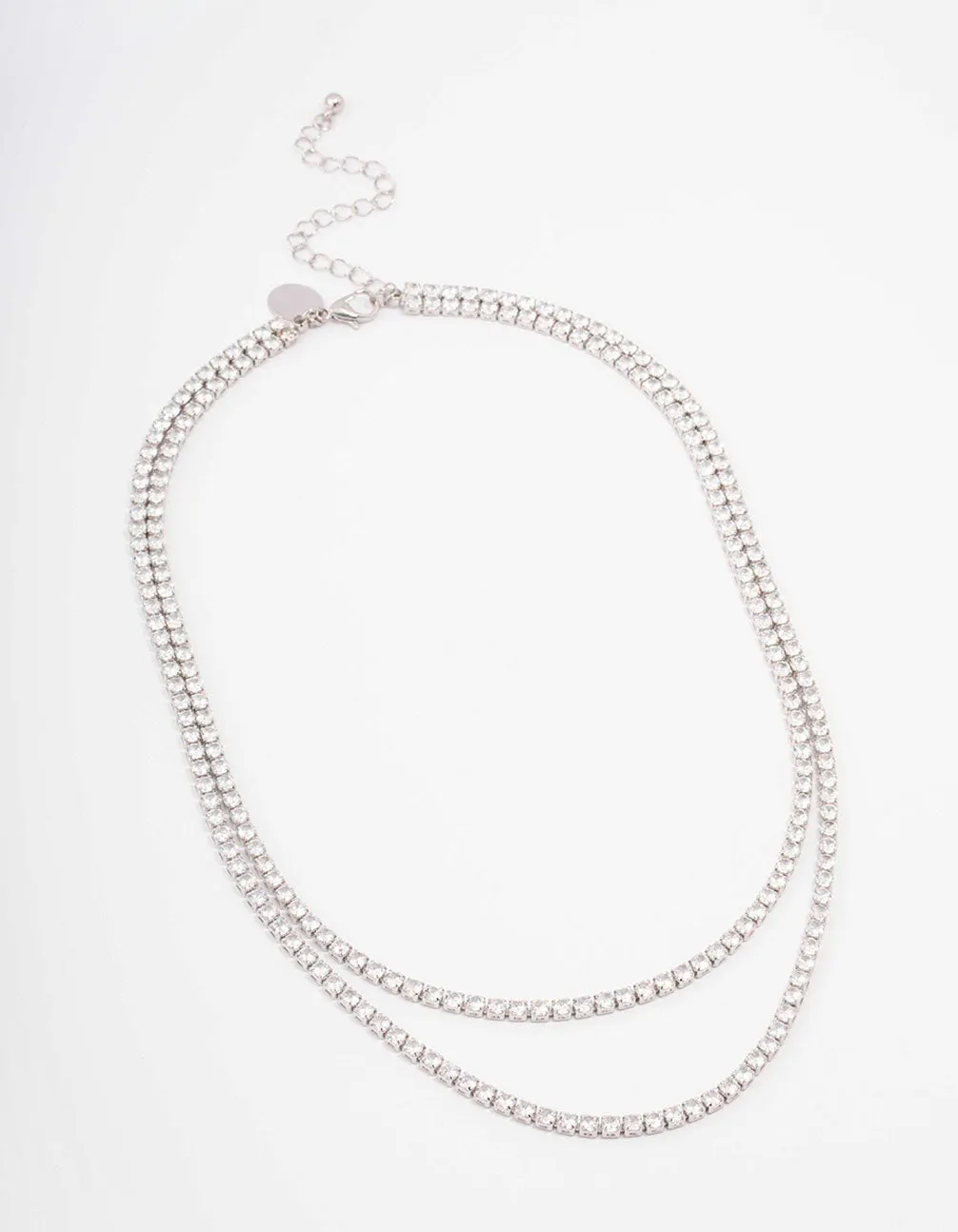 Rhodium Cubic Zirconia Round Cupchain Layered Necklace