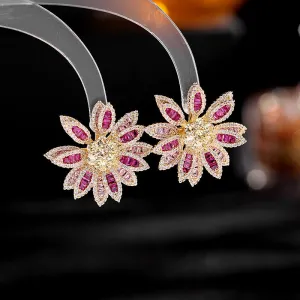 Round Double Layered Floral Shining Zircon 925 Silver Needles Boho Earrings