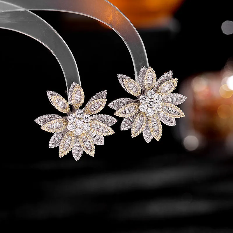 Round Double Layered Floral Shining Zircon 925 Silver Needles Boho Earrings