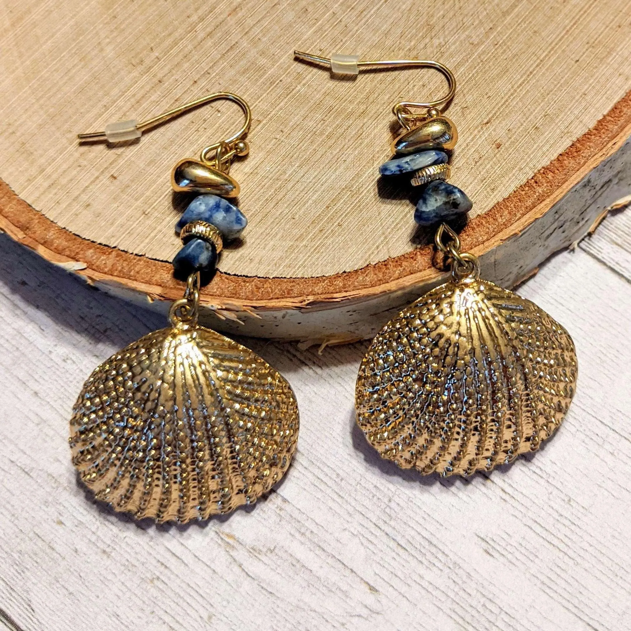 Sea Shell beaded dangle earrings, gold