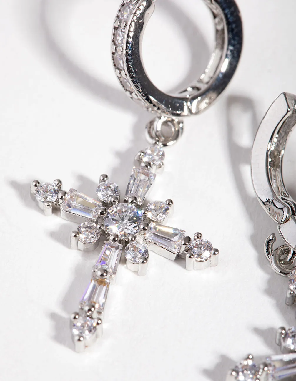 Silver Crystal Stone Cross Hoop Earrings