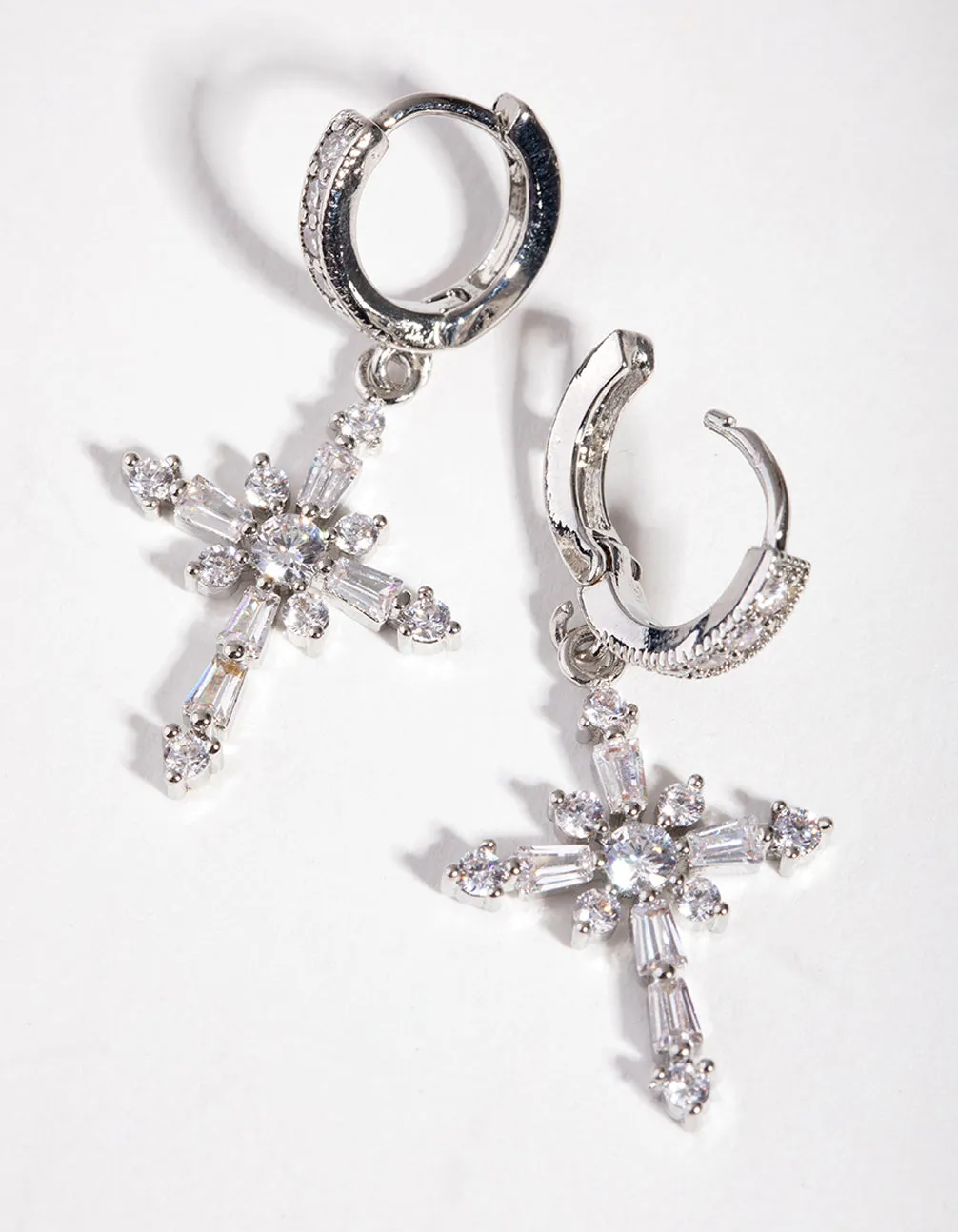 Silver Crystal Stone Cross Hoop Earrings