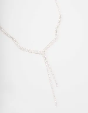 Silver Fine Ribbon Cubic Zirconia Lariat Necklace