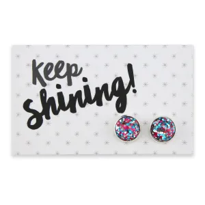 SPARKLEFEST - Keep Shining - Bright Silver 12mm Circle Studs - Pink, Aqua Blue & Silver Glitter (2315)